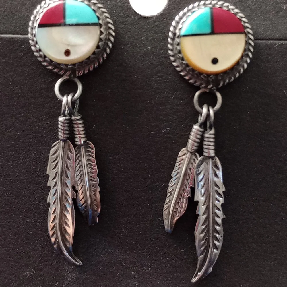 Sterling Silver Feather Earrings with SunFace Multicolor Inlay Studs Signed PH - Picture 4 of 15